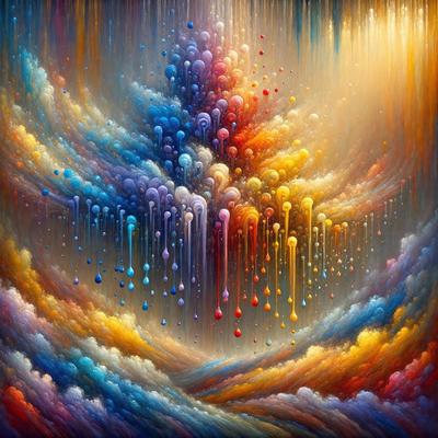 The primary subject of the image is a painting featuring a colorful, swirling cloud with various colors and shapes. The setting is a cloudy sky, and the visual style is a digital art or illustration. The dominant colors and overall atmosphere are vibrant and lively, creating a sense of movement and energy.